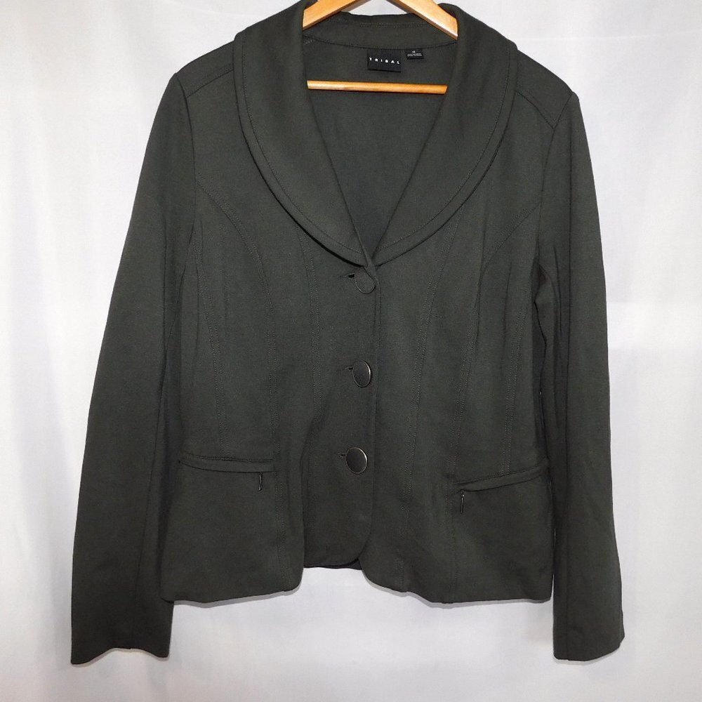 TRIBAL dark Khaki Green Blazer 3 Button Rayon blend Womens 12